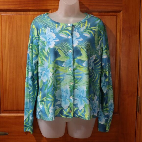 United States Sweaters Vintage Tropical Floral Cardigan Blue XL Made in USA - Picture 2 of 11